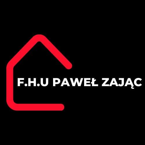 Czerwony domek, który jest logiem firmy F.H.U Paweł Zając z napisem F.H.U Paweł Zając.